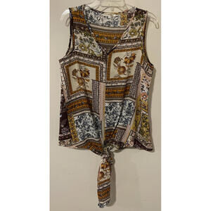 Andre by Unit Womens Medium Brown Floral Vneck Sleeveless Front-Tie Blouse!A4636